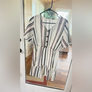 Striped V-Neck Button Mini Dress in White with Black & Burgundy Stripes